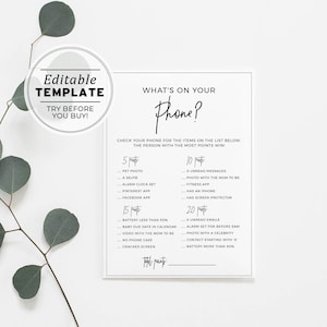 Juliette Minimalist What&#39;s on Your Phone Baby Shower Game, Gender Neutral Baby Shower Game, Printable Editable Template  #004