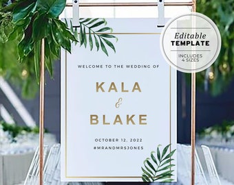 Kala Tropical Palm Leaf & Gold Wedding Welcome Sign Template Printable #006