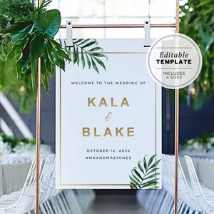 Kala Tropical Palm Leaf & Gold Wedding Welcome Sign Template Printable #006