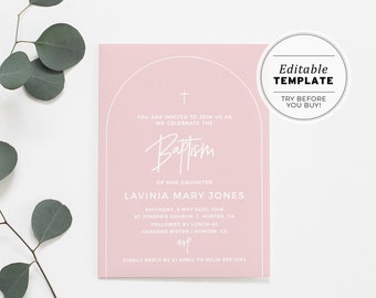 Blush Minimalist Baptism Christening Invitation, EDITABLE TEMPLATE, Printable #035