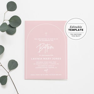 Blush Minimalist Baptism Christening Invitation, EDITABLE TEMPLATE, Printable #035