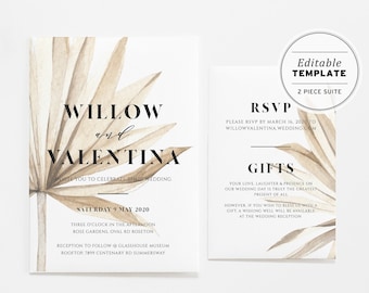 Nue Palm Minimalist Watercolor Wedding Invitation Suite Printable Editable Template Download #031