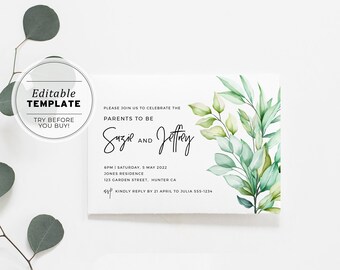 Leafy Classic Baby Shower, Baby Sprinkle Invitation | EDITABLE TEMPLATE, Printable