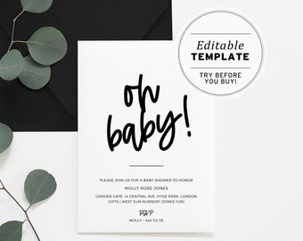 Oh Baby! Minimalist Baby Shower Invitation, Editable Template, Printable #030