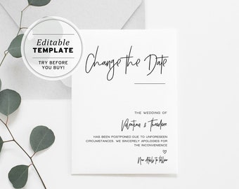 Juliette Minimalist Wedding Change of Plans, Change of Date, Postponement Card Printable Editable Template Download  #004