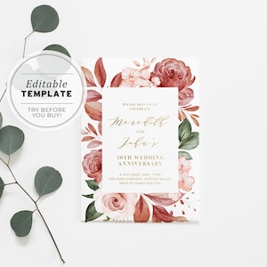 Rose & Gold Wedding Anniversary Party Invitation Printable Card | EDITABLE TEMPLATE #026