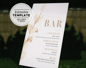 Nue Leaf Minimalist Drink Selection Menu, Cocktail Menu, Drinks Sign, Bar Sign, Printable Editable Template #031 Nue Leaf