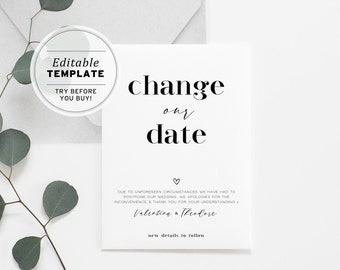 Mr White Minimalist Wedding Change of Plans, Change of Date, Postponement Card Printable Editable Template Download #001