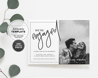 Juliette Minimalist Engagement Party Invitation, We're Engaged Invite, Printable Editable Template #004