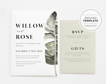 Nue Lau Palm Leaf Watercolor Wedding Invitation Suite Printable Editable Template Download #031