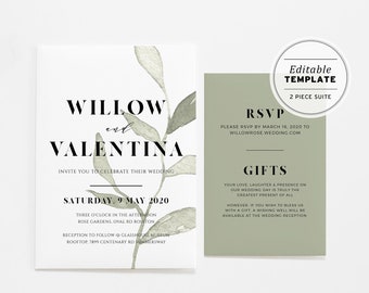 Sage Leaf Minimalist Watercolor Wedding Invitation Suite Printable Editable Template Download, Set of 2 #031