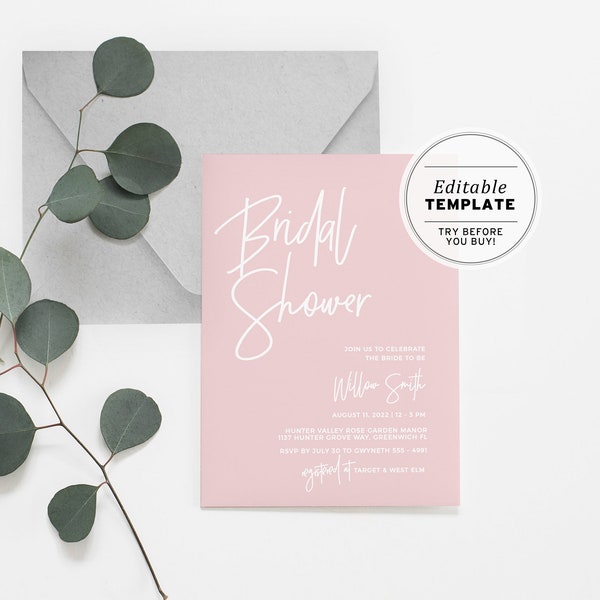 Blush Bridal Shower Invitation, Minimalist Bridal Shower Invite, Hens Party Invitation, Printable Editable Template #035