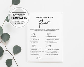 Juliette What's On Your Phone Bridal Shower Game, Wedding Shower Game, Hen's Party Game, Bachelorette Party Game, Editable Template #004