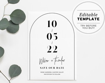 Noir Arch Minimalist Wedding Save the Date Printable Editable Template #049