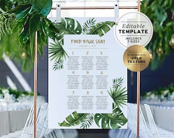 Leilani Watercolor Tropical Leaf & Gold Wedding Seating Chart | EDITABLE TEMPLATE, Printable #033 #042