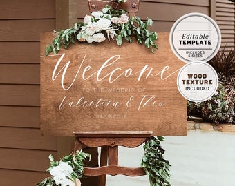 Holz Textur Hochzeit Willkommensschild, bearbeitbare Vorlage, angepasst digitaler Download
