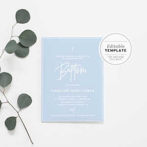 Powder Blue Baptism Christening Invitation, EDITABLE TEMPLATE, Printable #036