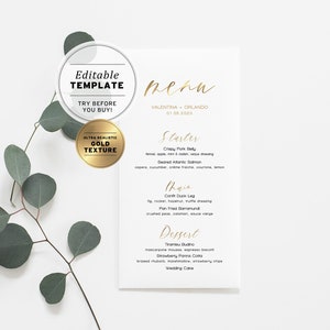 Wedding Menu Template, Gold Minimalist Wedding Menu, Modern Wedding Menu, Bridal Shower Menu, Printable Wedding Menu #025