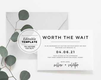Kiki Minimalist Wedding 'Worth the wait' Change of Plans, Change of Date, Postponement Printable Card Printable Editable Template #004