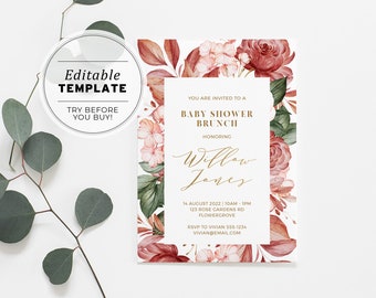 Watercolour Rose & Gold Baby Shower Invitation, Digital Invite, Printable | EDITABLE TEMPLATE #026