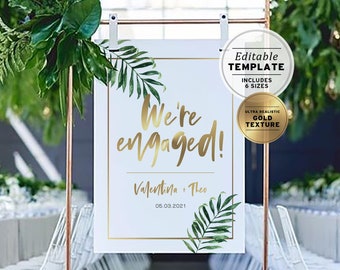 Naia Tropical Watercolor Palm Leaf & Gold 'We're Engaged' Welcome Sign | EDITABLE TEMPLATE, Printable #005