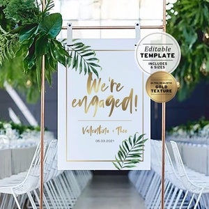 Naia Tropical Watercolor Palm Leaf & Gold &#39;We&#39;re Engaged&#39; Welcome Sign | EDITABLE TEMPLATE, Printable #005