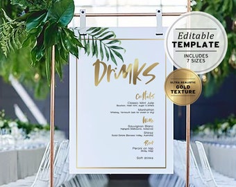 Naia Tropical Gold Wedding Drinks Sign, Printable Editable Template #003 #005 #006 #014