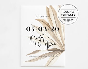 Nue Palm Minimalist Watercolor Wedding Save the Date Printable Editable Template #031