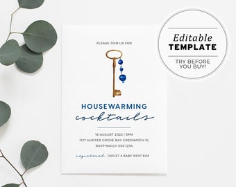 Santorini Key Housewarming Party Invitation Printable Card, Editable Party Invite, Housewarming Party Invite Template