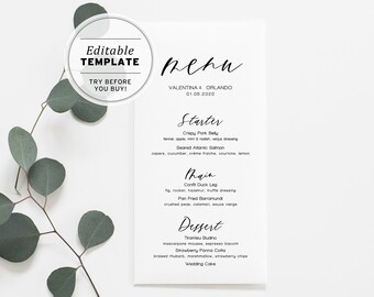 Wedding Menu Template, Minimalist Wedding Menu, Modern Wedding Menu, Bridal Shower Menu, Printable Wedding Menu #002