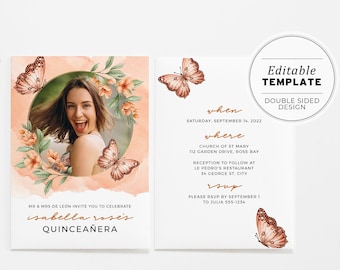 Butterfly Watercolor Quinceanera Party Invitation, Mis Quince Anos, 15th Birthday, Editable Printable Card