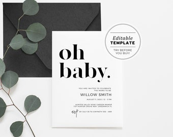 Oh Baby Minimalist Baby Shower Invitation, Editable Template, Printable #001