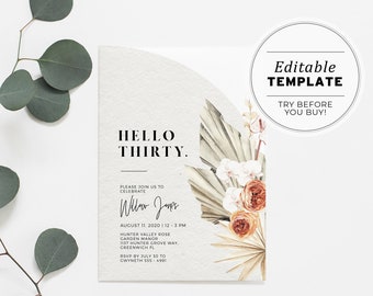 Hello Thirty Boho 30th Birthday Party Invitation Printable Card | EDITABLE TEMPLATE