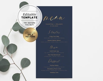 Classic Navy & Gold Wedding Menu | EDITABLE TEMPLATE, Printable #012