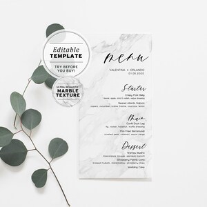 Marble Look Wedding Menu | EDITABLE TEMPLATE, Printable #009