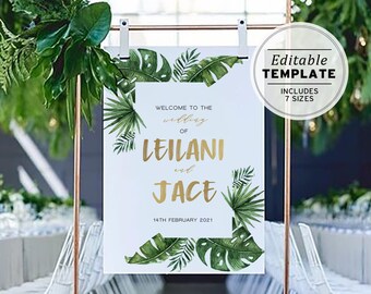 Leilani Tropical Leaf & Gold Wedding Welcome Sign Printable Template #033