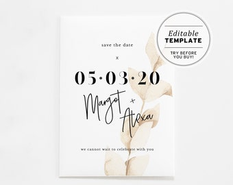 Nue Leaf Minimalist Watercolor Wedding Save the Date Printable Editable Template #031