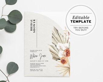 Moon Palm Boho Minimalist Bridal Shower Invitation | EDITABLE TEMPLATE