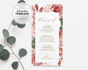 Rose & Gold Watercolor Floral Minimalist Brunch Menu Printable | EDITABLE TEMPLATE #026