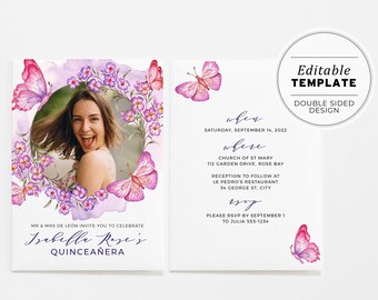 Butterfly Watercolor Quinceanera Party Invitation, Mis Quince Anos, 15th Birthday, Editable Printable Card