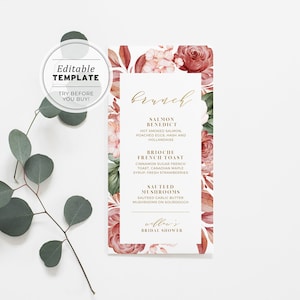 Rose & Gold Aquarell Blumen Minimalist Brunch Menü druckbar | EDITIERBARE VORLAGE #026