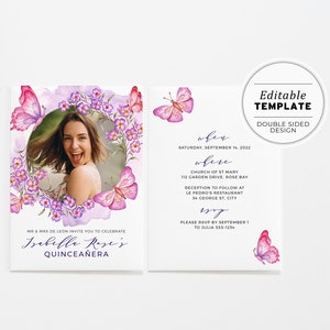 Butterfly Watercolor Quinceanera Party Invitation, Mis Quince Anos, 15th Birthday, Editable Printable Card