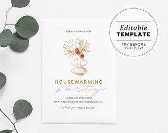 Boho Palms Housewarming Party Invitation Printable Card | EDITABLE TEMPLATE