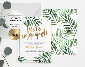 Tropical Palm Leaf Engagement Party Invitation, We're Engaged Invite, Printable Editable Template #005