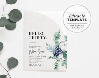 Hello Thirty Leafy 30th Birthday Party Invitation Printable Card | EDITABLE TEMPLATE