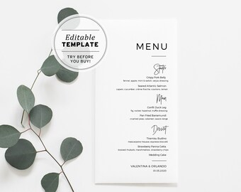 Kiki Wedding Menu Template, Minimalist Wedding Menu, Modern Wedding Menu, Bridal Shower Menu, Printable Wedding Menu #004