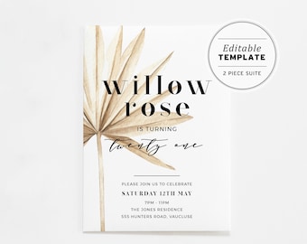 Dried Fan Palm Minimalist Watercolor Birthday Party Invitation | EDITABLE TEMPLATE #031