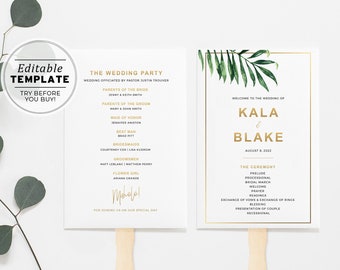 Kala Tropical Palm Leaf & Gold Wedding Program Fan | EDITABLE TEMPLATE #006