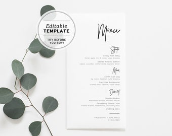 Juliette Wedding Menu Template, Minimalist Wedding Menu, Modern Wedding Menu, Bridal Shower Menu, Printable Wedding Menu #004