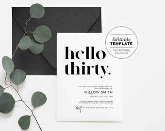 Hello Thirty Minimalist 30th Birthday Party Invitation Printable Card | EDITABLE TEMPLATE #001